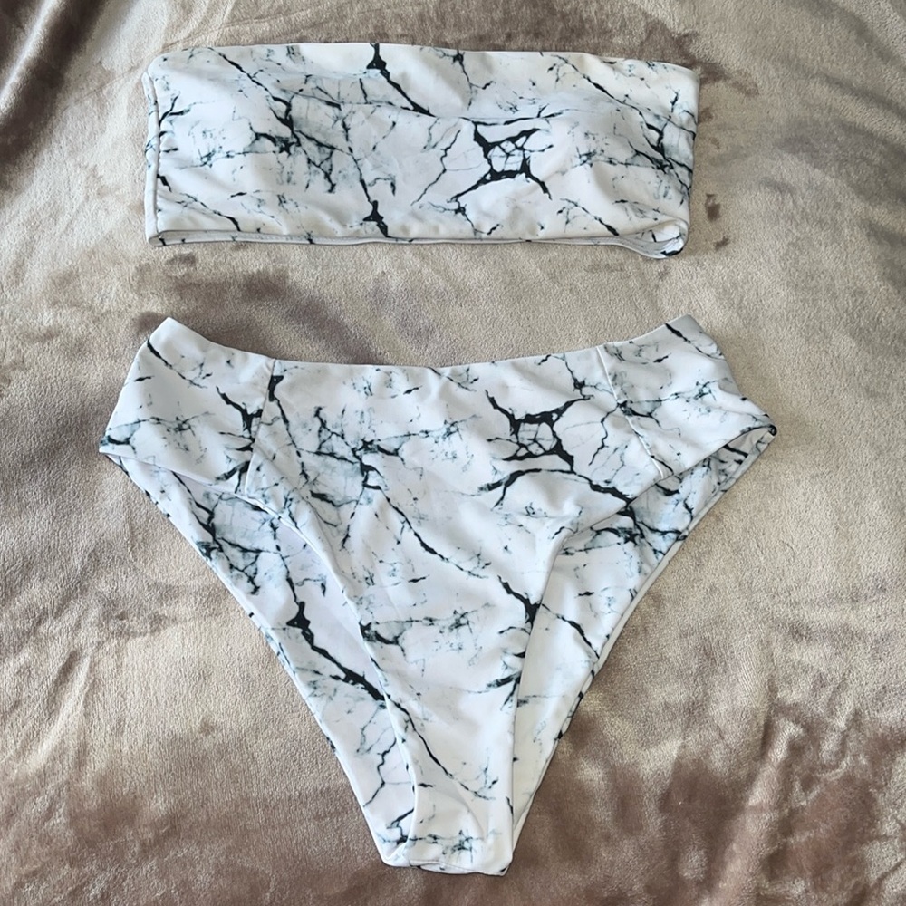 Zaful White Marble Strapless Swim High Waisted Bikini Size L